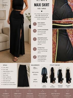 Zara Black Maxi Skirt with Side Ruffle and Thigh Slit